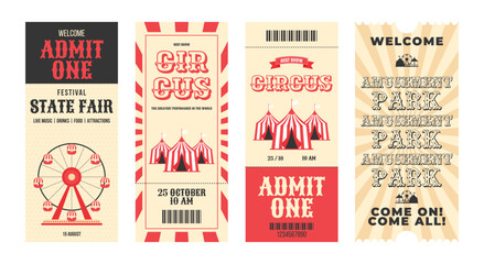 Colorful vintage amusement park, ciscus, state fair ticket set. Ferris wheel, circus tent, carousel, decorative elements and more details events. Vertical flat vector illustration on white background