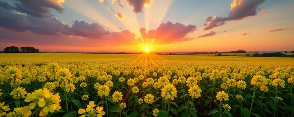 Canola fields at sunset with the sky behind it, sunset, canola