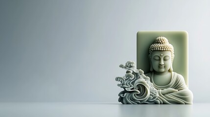 A jade green amulet in rectangular form, highlighting a finely detailed Buddha head carving in the center, set against a smooth pale blue background, ultra-realistic, photo-realistic, highly 