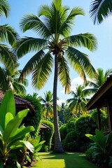Fototapeta premium Tall coconut tree in a garden with other trees and plants, coconut tree, fruit tree, tropical garden