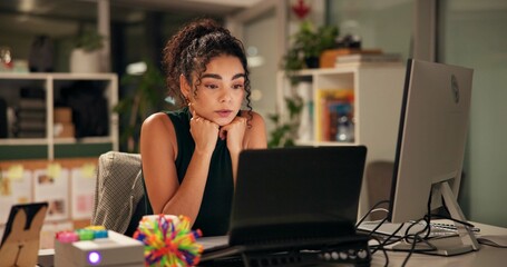 Business woman, laptop and overtime with internet, creative agency and ideas for night...