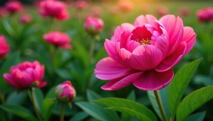 Obraz premium vibrant peony leaves in a flower bed with other plants, peony, plant life