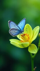 Fototapeta premium Delicate blue butterfly perched on a lush green orchid, garden, insect, orchid