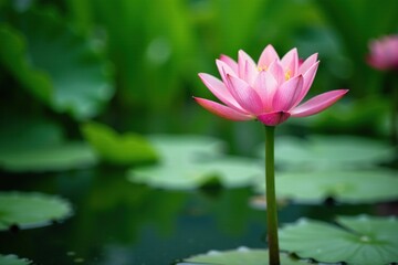 Obraz premium Waterlily with long green stem on pond surface, nature, green