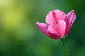 Obraz premium Delicate pink petals unfolding from a green stem, single petal, spring flower