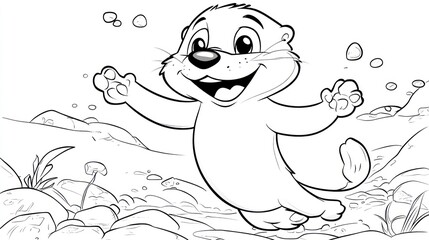 Cartoon Otter Jumping Over Rocks - Coloring Book Page for Kids