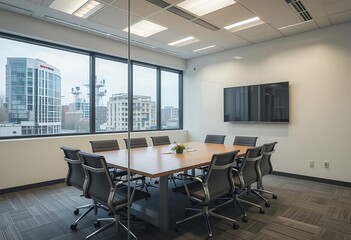 Fototapeta premium Office floor meeting room with window glass
