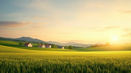 Obraz premium A field of grass with a few houses in the background