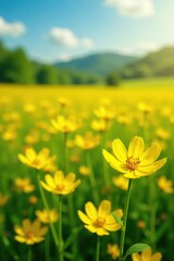 Fototapeta premium Field of bright yellow flowers with delicate petals and intricate details, field flowers, wildflowers