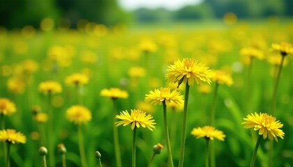 Fototapeta premium Field of False dandelion plants with yellow flowers blooming, false dandelion, meadow, flowers