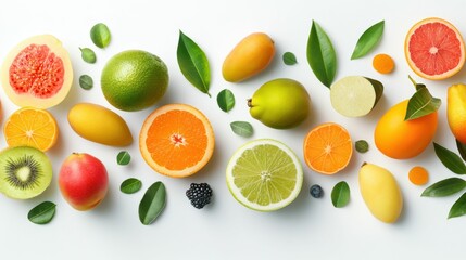 A colorful assortment of fruits and vegetables, including oranges, lemons
