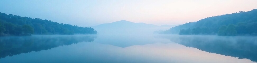 Foggy landscape with blue mist rolling in over a serene lake, peaceful, lake