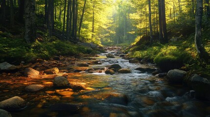 Obraz premium spring forest nature landscape, beautiful spring stream, river rocks in mountain forest