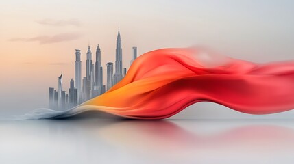 An artistic image of contemporary packaging concepts with morphing shapes and sensory-friendly design. Curved red silk and futuristic cityscapes highlight cinematic lighting and depth-of-field 