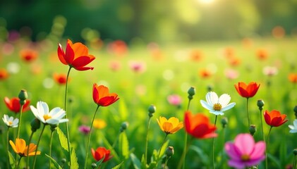 Fototapeta premium Gentle breeze rustling petals of vibrant wildflowers in a lush green field, field, flowers