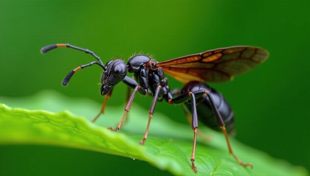 Full-body view of a large black winged ant on a green leaf stem, leaf, macro, full-body