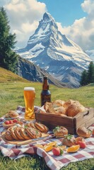 Fototapeta premium Picnic with mountain view, bread, beer.
