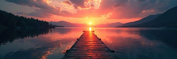 Fototapeta premium Glowing pathway through calm lake waters at sunset, glowing, serene, calm