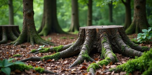 Gnarled tree roots twist around ancient stumps, nature, stumps