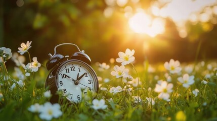 Spring forward. Time change in spring. Daylight saving time. Alarm clock on beautiful nature background with green grass and white flowers meadow