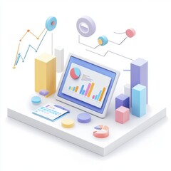 A computer monitor displays a colorful graph with various shapes and numbers. Concept of creativity and innovation, as the colorful shapes and patterns suggest a modern. The use of bright colors