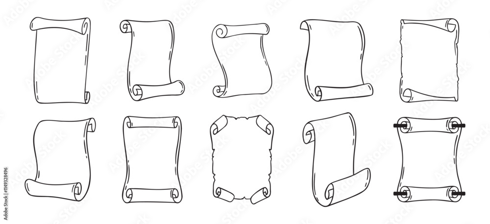 Poster ancient empty scroll doodle hand drawn, ancient medieval paper outline icon set. outline vector pape