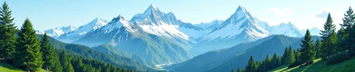 Majestic mountains with snow-capped peaks and lush green forests, scenery, peaks, foliage