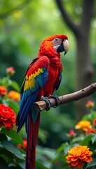 Fototapeta premium Macaw perched on a colorful branch in a lush garden filled with flowers, garden, tree
