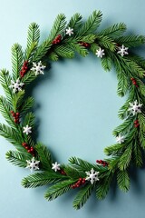 Ornate wreath made of evergreen pine branches and decorated with sparkling snowflakes, pine, winter