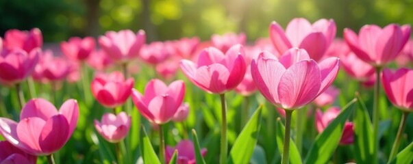 Pink flowers in a garden bed with green grass, spring garden, gardening