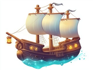 Naklejka premium A cartoon drawing of a large ship with a lantern on the bow. The ship is sailing in the ocean with a blue sky in the background
