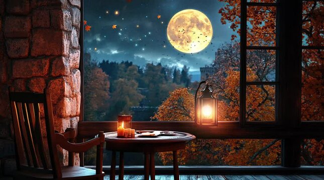 Lantern by window with full moon shining on lush landscape at night, tranquil atmosphere
Seamless looping 4k time-lapse virtual video animation Generated AI