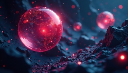 Radiant spheres floating amidst a void of ebony darkness, otherworldly sphere, shimmering void, glowing orbs