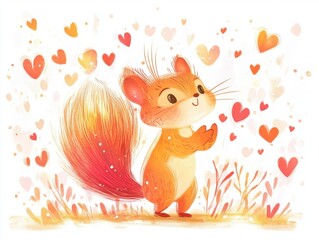 A cute little squirrel is standing in a field of red hearts. The squirrel is surrounded by the hearts, and it is enjoying the sight. Concept of warmth and happiness