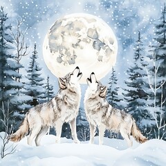 Fototapeta premium Two Wolves Howling at the Full Moon in a Snowy Winter Forest, Watercolor Painting.