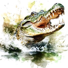 Obraz premium A Watercolor Painting of a Crocodile Emerging from the Water with its Jaws Open.