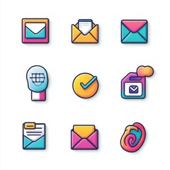 A colorful set of icons for emails, including a check mark and a clock. The icons are arranged in a grid and are all in different colors