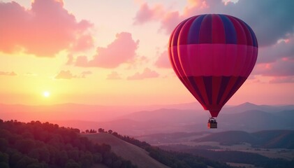 Obraz premium Soft focus hot air balloon drifts above the rolling hills, soft pink, drifter, sunset