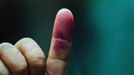 Close-up of a voterâ€™s ink-stained finger as a symbol of participation in democracy.