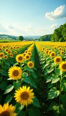 Obraz premium Sunflower field stretching towards the horizon, rural scenery, green
