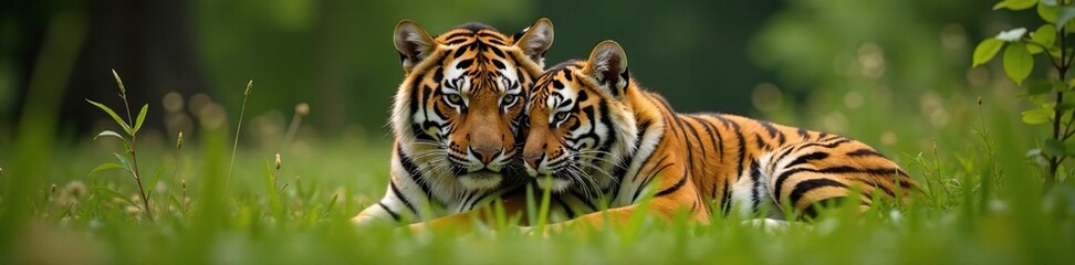 Fototapeta premium Tigress and cub cuddled up together in a thicket, peaceful, nuzzle