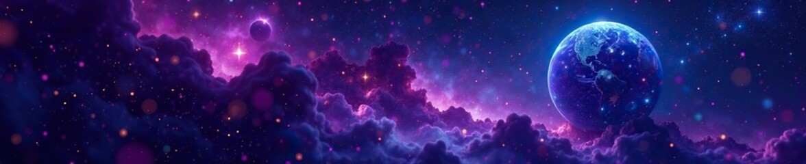 Violet and blue planet amidst dark space background with twinkling stars, purple, nebula