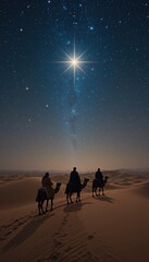 Three Wise Men on their way to meet Christ. Vertical shot with space for text
