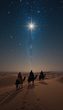 Three Wise Men on their way to meet Christ. Vertical shot with space for text