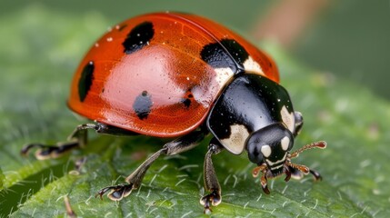 Close-Up of a Vibrant Red Ladybug Crawling on a Leaf Surface