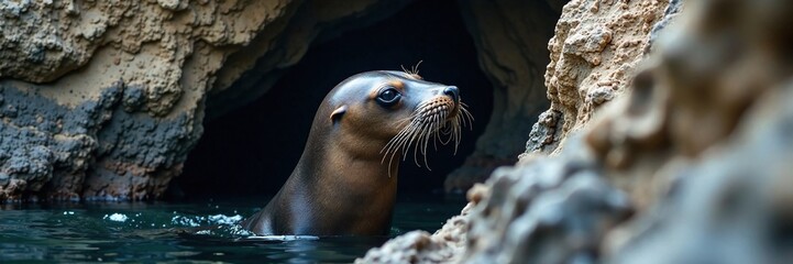 Obraz premium A sea lion's head and flippers stuck in a narrow crevice, rock, sea lion in rock, wildlife