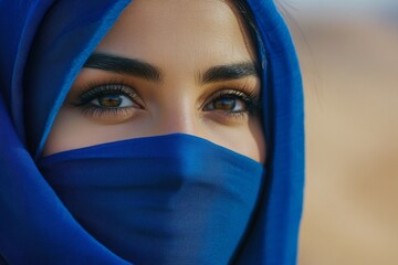 close up of arab woman wearing blue hijab in the middle of a vast desert, beautiful and charming face, arab hijab model