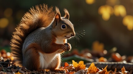 Obraz premium Red squirrel eating nut amidst autumn leaves.