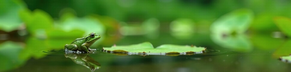Fototapeta premium A small green frog hopping across the surface of a peaceful pond with lush lily pads in the background, wildlife, outdoor scene, lily pad