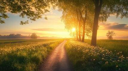 spring landscape with path and trees at sunrise